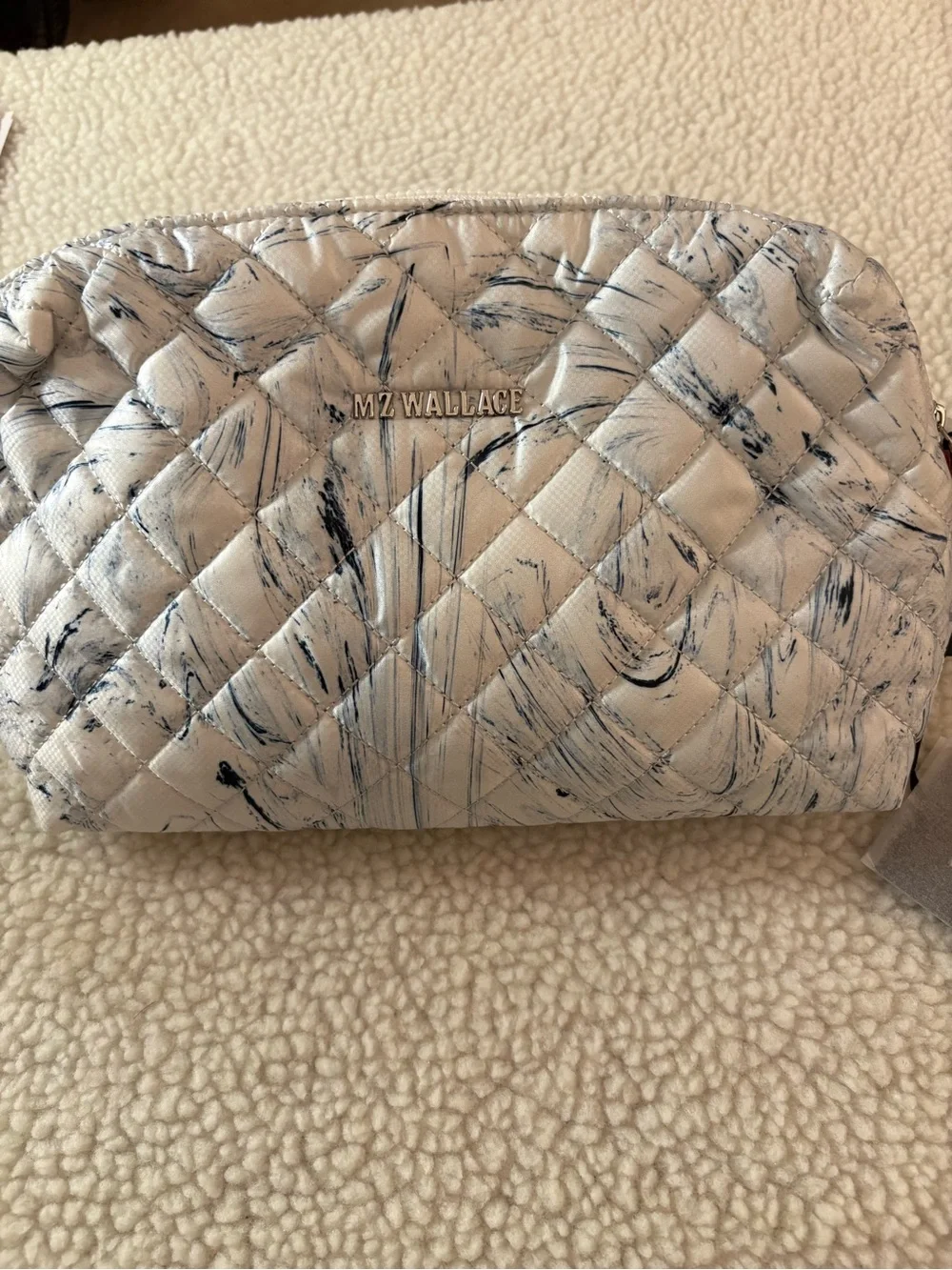 MZ Wallace White Quilted Cosmetic Pouch with Navy Brushstroke Accents -